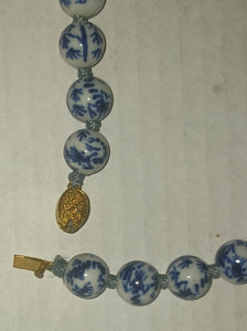 Vintage Blue Delft Color Chinese Porcelain Bead Women's Necklace 23" Length Estate Jewelry