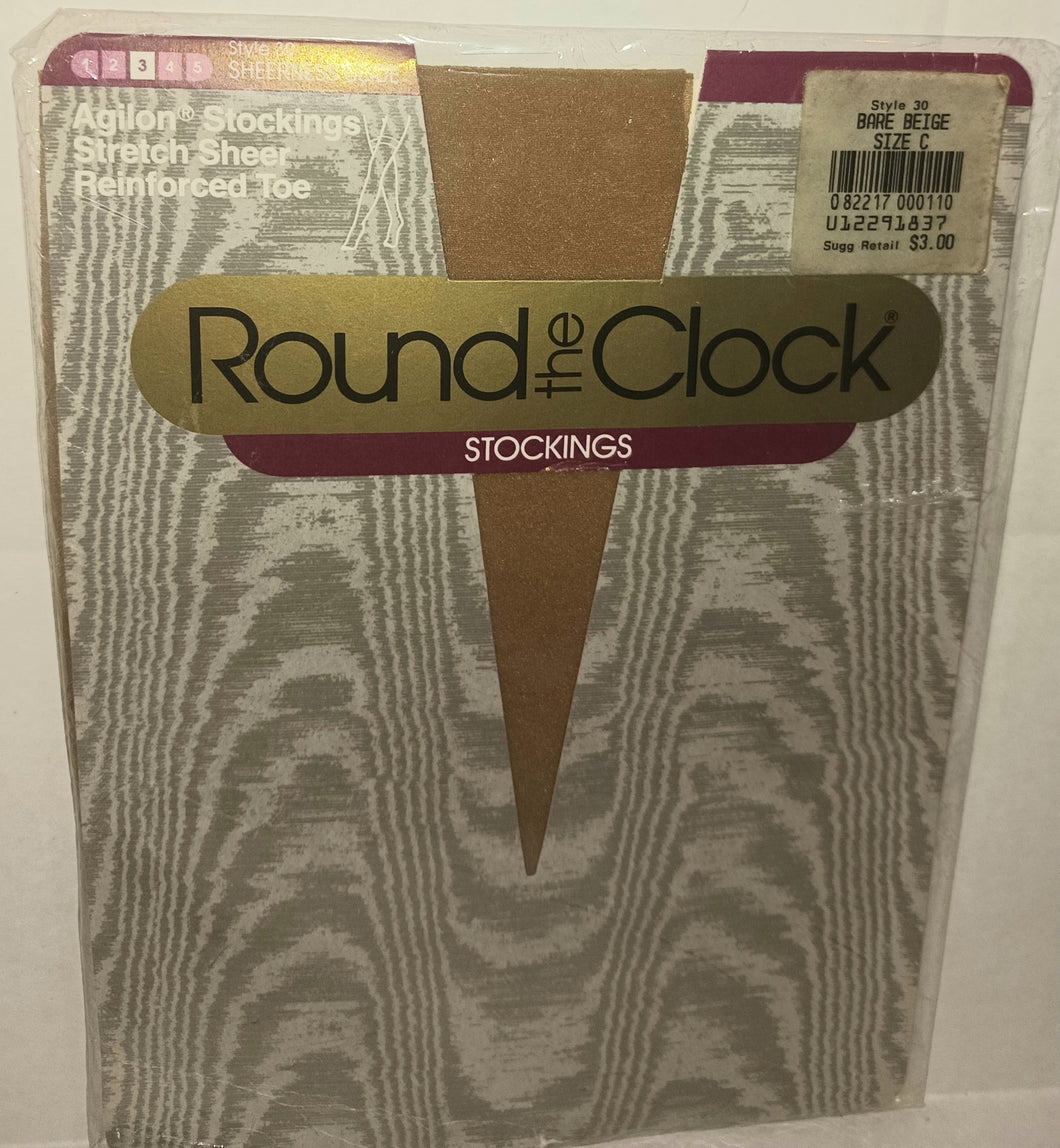Round the Clock Women's Vintage Stockings NWT New 1988 Bare Beige Size C Style 30 Agilon Stretch Sheer