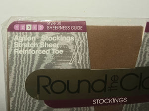 Round the Clock Women's Vintage Stockings NWT New 1988 Bare Beige Size C Style 30 Agilon Stretch Sheer