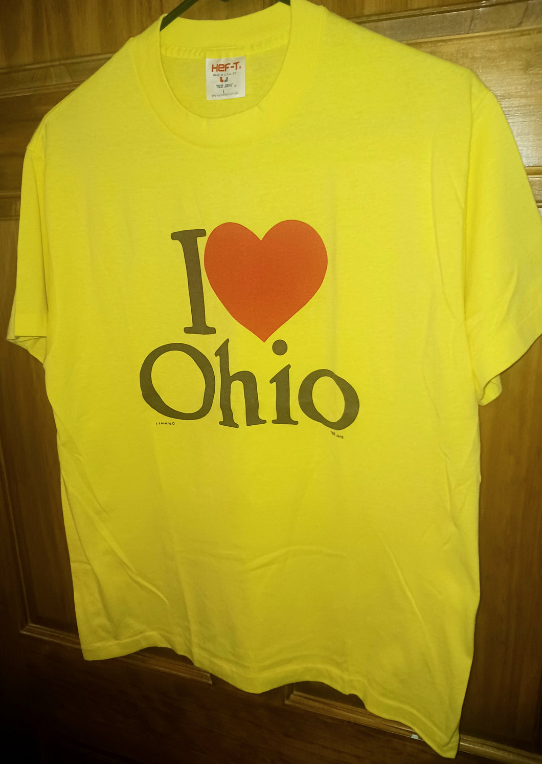 Vintage I Love Heart Ohio Yellow T-Shirt Adults Size Large 1980s Hef-T Tee Jays Made in USA Single Stitch Seams Estate Find