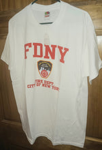 Load image into Gallery viewer, Vintage FDNY Fire Department City of New York White T-Shirt NWT New Medium and Large 2002 Fruit of the Loom
