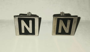 Vintage Monogram Letter N Men's Cufflinks One Pair Silver and Black Metal