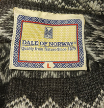 Load image into Gallery viewer, Dale of Norway Pure New Wool Women&#39;s Classic Sweater Size Large Black and Silver Geometric Designs Metal Clasp Fasteners
