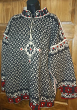 Load image into Gallery viewer, Dale of Norway Pure New Wool Handknitted Women&#39;s Sweater Size XL Blue White Red Geometric Designs Metal Clasp Buttons
