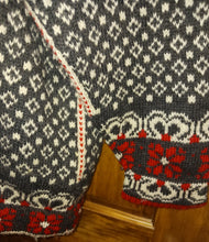 Load image into Gallery viewer, Dale of Norway Pure New Wool Handknitted Women&#39;s Sweater Size XL Blue White Red Geometric Designs Metal Clasp Buttons
