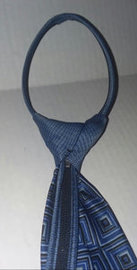 Giorgio Bissoni Boys Clip On Silk Necktie Tie Zipper Adjustable Neck Band Blue Squares Pattern