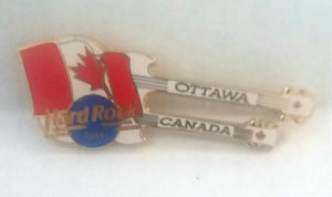 Hard Rock Cafe Ottawa Canada Twin Neck Guitar Enamel Pin Maple Leaf Flag