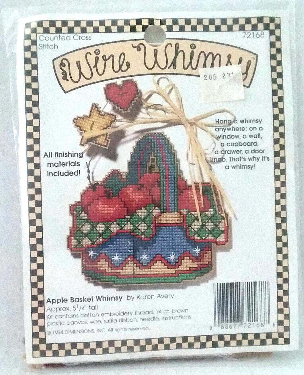 Dimensions Wire Whimsy Counted Cross Stitch Kit 72168 Apple Basket NWOT New Vintage 1994