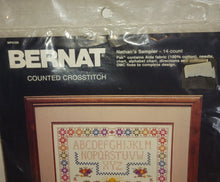 Load image into Gallery viewer, Bernat Vintage Counted Cross Stitch Kit NWOT New 1984 USA Made Nathan&#39;s Sampler WP4109 14 Count Pak Number H04109
