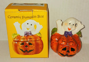 Vintage Ceramic Halloween Ghost Pumpkin Tealight Candle Box NWOT New Original Box