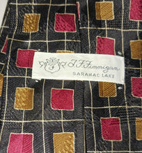 Load image into Gallery viewer, Vintage T.F. Finnegan Saranac Lake New York Men&#39;s Silk Tie Gold Red Squares RN 20457 WB Handmade in Dominican Republic
