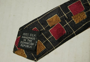 Vintage T.F. Finnegan Saranac Lake New York Men's Silk Tie Gold Red Squares RN 20457 WB Handmade in Dominican Republic