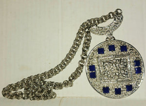 Lucien Piccard Vintage Faux Lapis Medallion Necklace Silver Tone