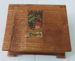 Bayern Bavaria Germany Antique Handmade Small Wood Trinket Box Brown Coat of Arms Sticjer