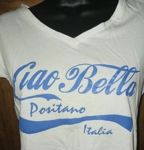 Positano Italy Italia Ciao Bella Souvenir White T-Shirt Women's Size Small V Neck