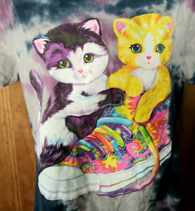 Lisa Frank Purple Tie Dye Kittens in Tennis Shoe Print T-Shirt Women's Juniors Size Large