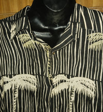 Load image into Gallery viewer, Ron Chereskin Vintage Men&#39;s Hawiian Shirt Size Medium Black Tan Palm Trees Bamboo Prints Rayon RN 40330
