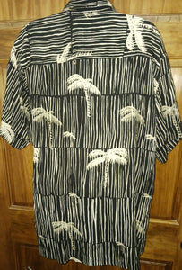 Ron Chereskin Vintage Men's Hawiian Shirt Size Medium Black Tan Palm Trees Bamboo Prints Rayon RN 40330