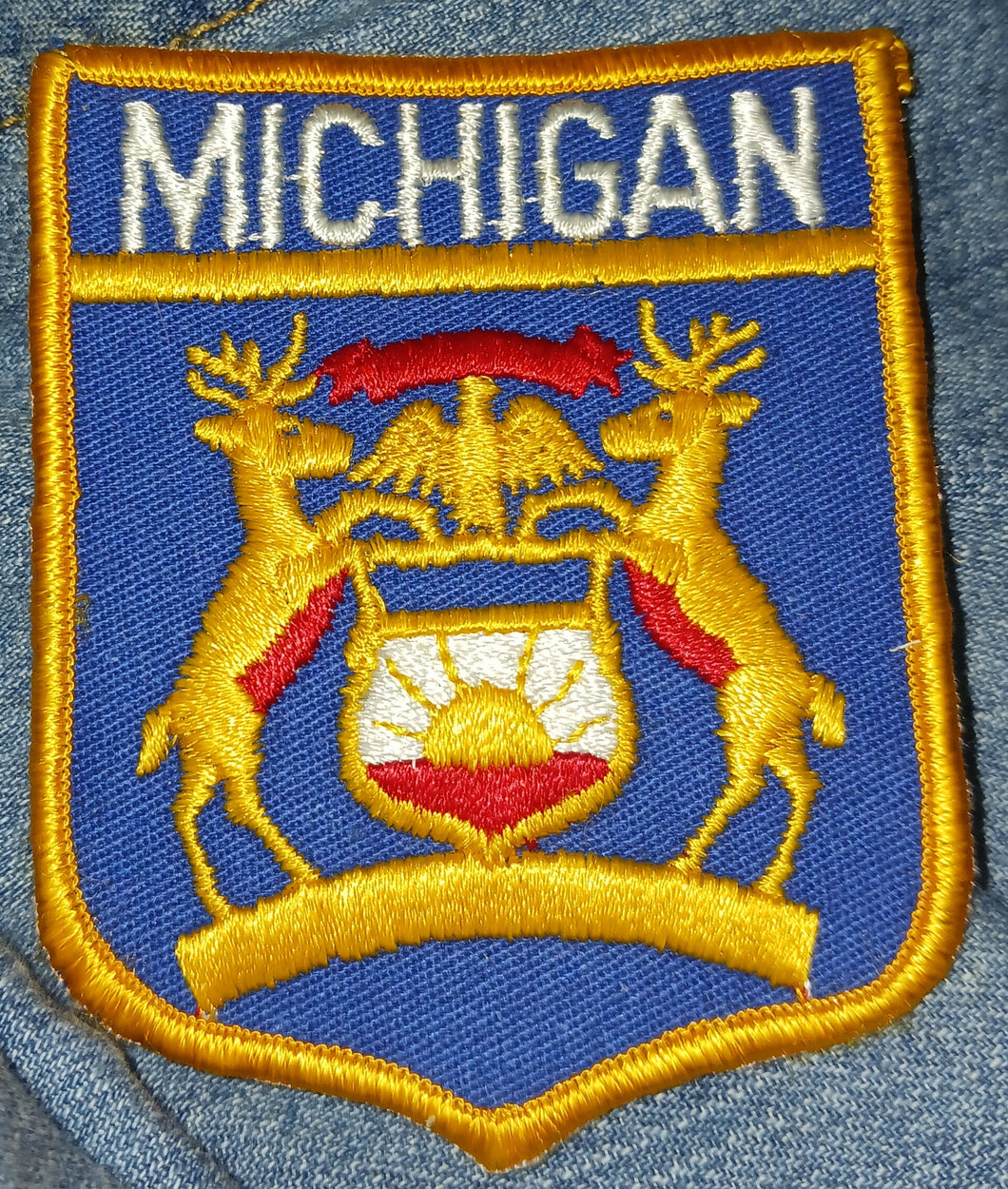 Michigan State Flag Logo Vintage Cloth Sew On Patch Deer Eagle Sun Detroit Lansing Upper Peninsuls