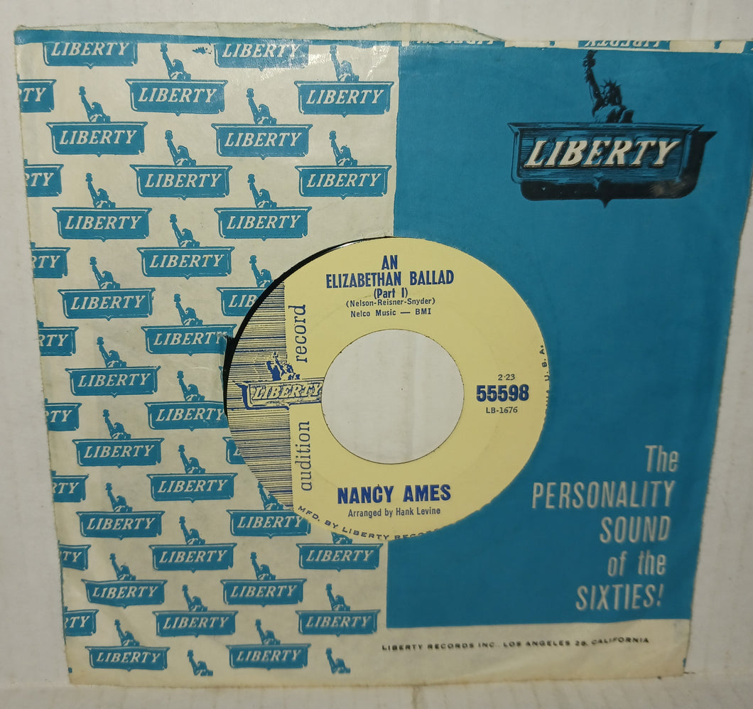 Nancy Ames An Elizabethian Ballad Part 1 and 2 Vintage 45 RPM Audition Record 1963 Liberty 55598