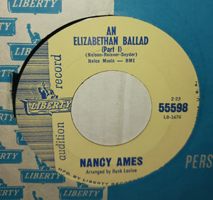 Nancy Ames An Elizabethian Ballad Part 1 and 2 Vintage 45 RPM Audition Record 1963 Liberty 55598