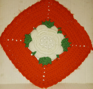 Vintage Handmade Knit Yarn Doily Red with White Floral Infield Estate Find