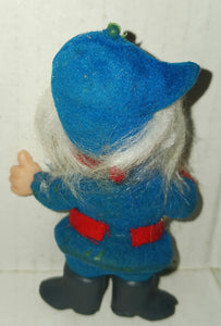 Vintage Gnome Elf Blue Felt Outfit Christmas Tree Ornament Figurine Plastic Body 1960s Era