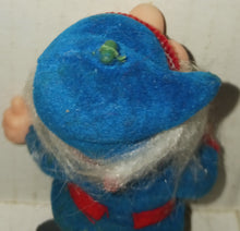 Load image into Gallery viewer, Vintage Gnome Elf Blue Felt Outfit Christmas Tree Ornament Figurine Plastic Body 1960s Era
