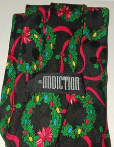 Vintage Addiction Christmas Wreath Lights Ribbon Men's Necktie Handmade 100% Silk RN 73469