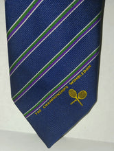Load image into Gallery viewer, The Wimbledon Museum Tennis Championships Men&#39;s Necktie Made in England Polyester Blue with Purple Green White Stripes
