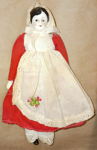 Antique Small Porcelain Woman Doll Red Dress Apron Outfit Stamped 81 Stuffed Body