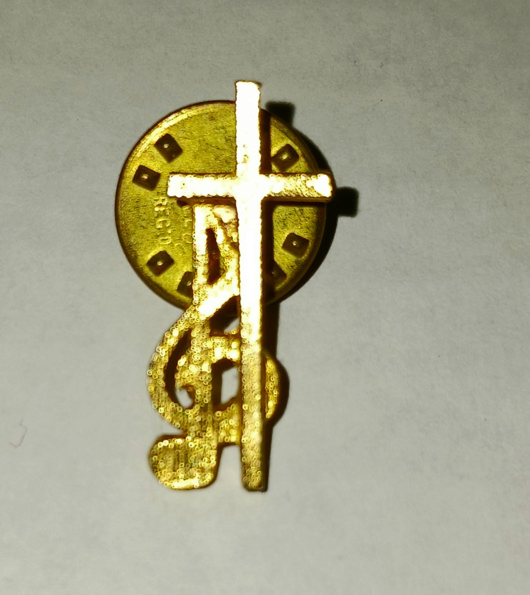 Religious Cross with Music Note Gold Tone Metal Lapel Pin