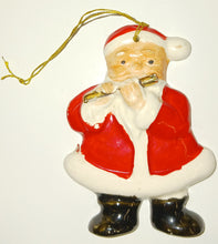 Load image into Gallery viewer, Vintage Santa Claus Flute Playing Ceramic Christmas Tree Ornament Made in Japan Red Stamp Mid Century Modern
