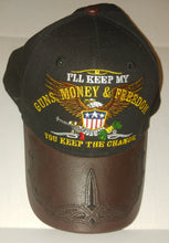 Load image into Gallery viewer, Second Amendment Supporter Hat NWOT New I&#39;ll Keep My Guns Mobwy Freedom You Keep the Change Faux Leather Hard Bill
