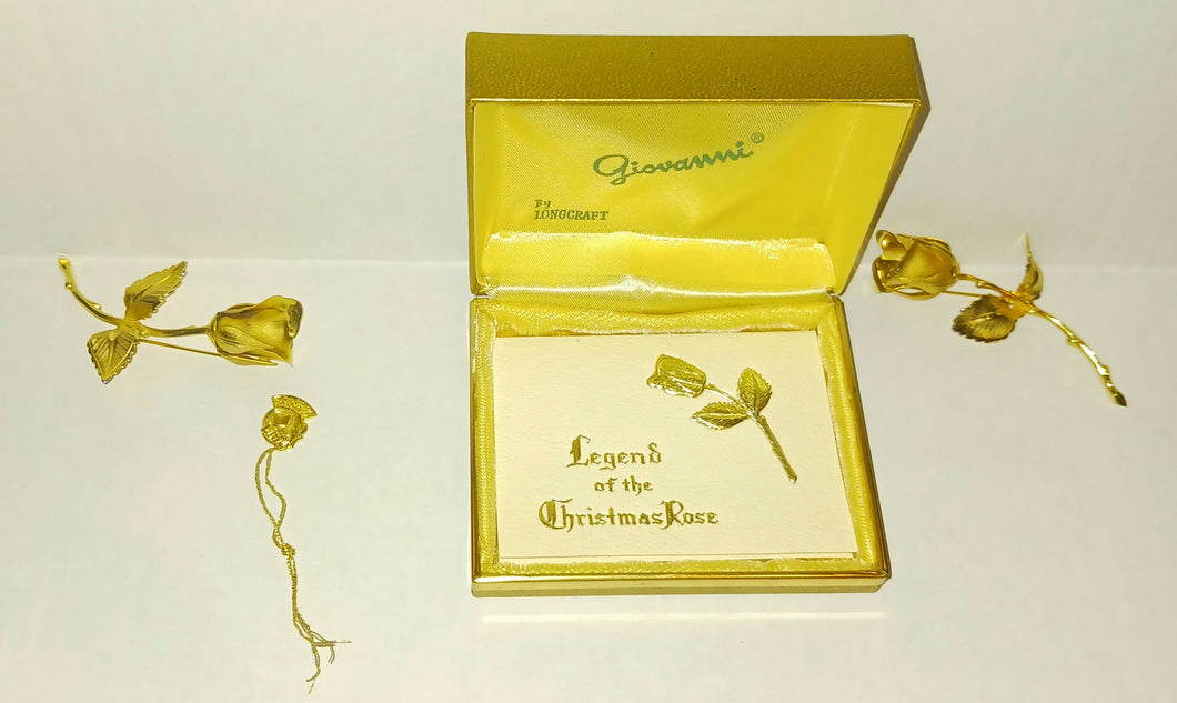 Giovanni by Longcraft Vintage Lot of 2 Legend of the Christmas Rose Brooch Pins 1966 Boston USA Made Original Box Story Insert Card Hang Tag