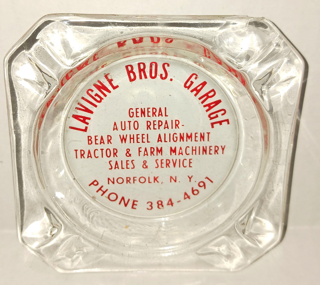 Vintage Glass Ashtray Advertising for Lavigne Brothers Garage Norfolk New York Clear Color 1980s