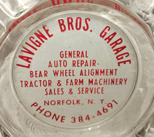 Load image into Gallery viewer, Vintage Glass Ashtray Advertising for Lavigne Brothers Garage Norfolk New York Clear Color 1980s
