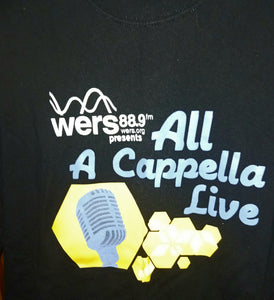 Emerson College Boston WERS 88.9 FM Radio All Acapella Live Concert Staff T-Shirt Men's XL Hanes Bkack Short Sleeves
