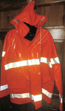 Load image into Gallery viewer, Tingley Fire Flame Retardant Orange PVC Rain Slicker Jacket with Safety Reflector Stripes Men&#39;s Size Medium ASTM D6413-99
