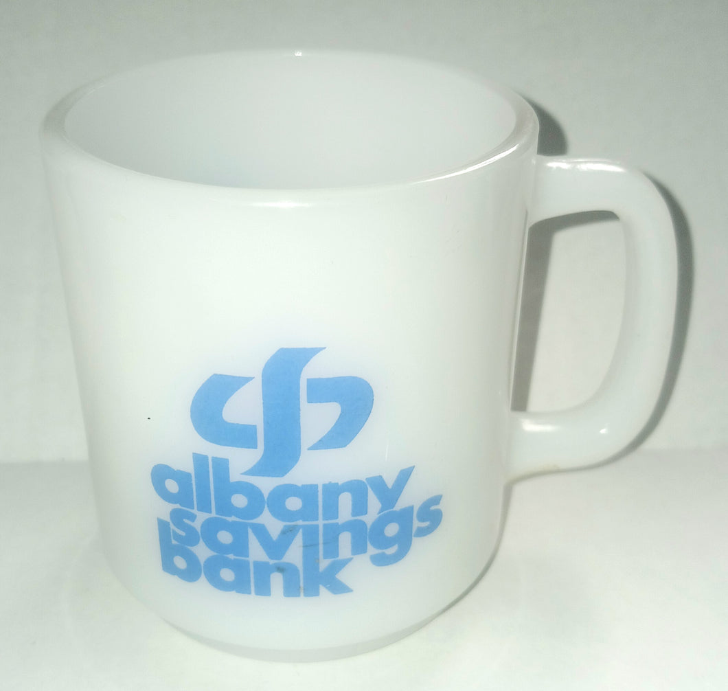 Glasbake Vintage Milk Glass Coffee Cup Albany Savings Bank Made in USA
