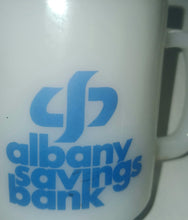 Load image into Gallery viewer, Glasbake Vintage Milk Glass Coffee Cup Albany Savings Bank Made in USA
