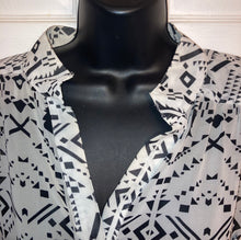 Load image into Gallery viewer, Xtaren Semi Sheer Women&#39;s Tunic Black and White Geimetric Prints Size Large
