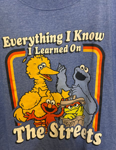 Sesame Street Everything I Know Streets Print Blue T-Shirt Mens Size Large 42 44