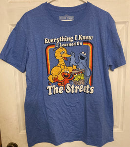Sesame Street Everything I Know Streets Print Blue T-Shirt Mens Size Large 42 44