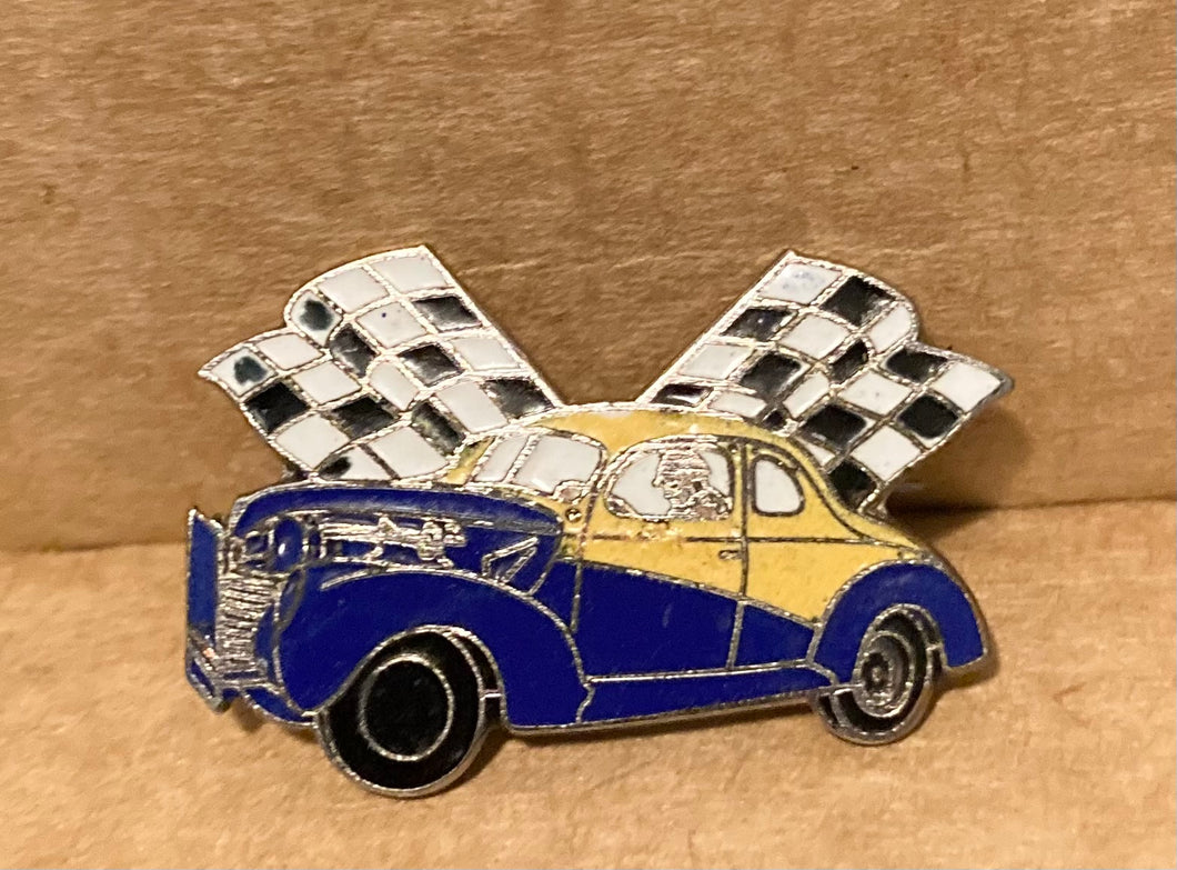 Hookfast Vintage Race Car Coupe with Checkered Flags Lapel Brooch Pin Providence Rhode Island