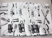 Load image into Gallery viewer, Avon Lot of 7 Cotton Napkins Black and White Silverware Table Setting Prints
