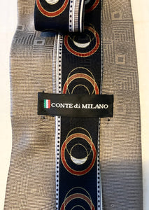 Conte di Milano Men's Silk Necktie USA Brown and Gold Geometric Patterns
