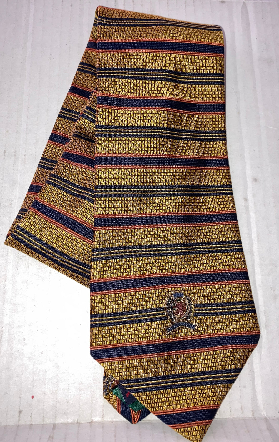 Tommy Hilfiger Vintage Men's Necktie Made in USA Silk Gold with Stripes Design