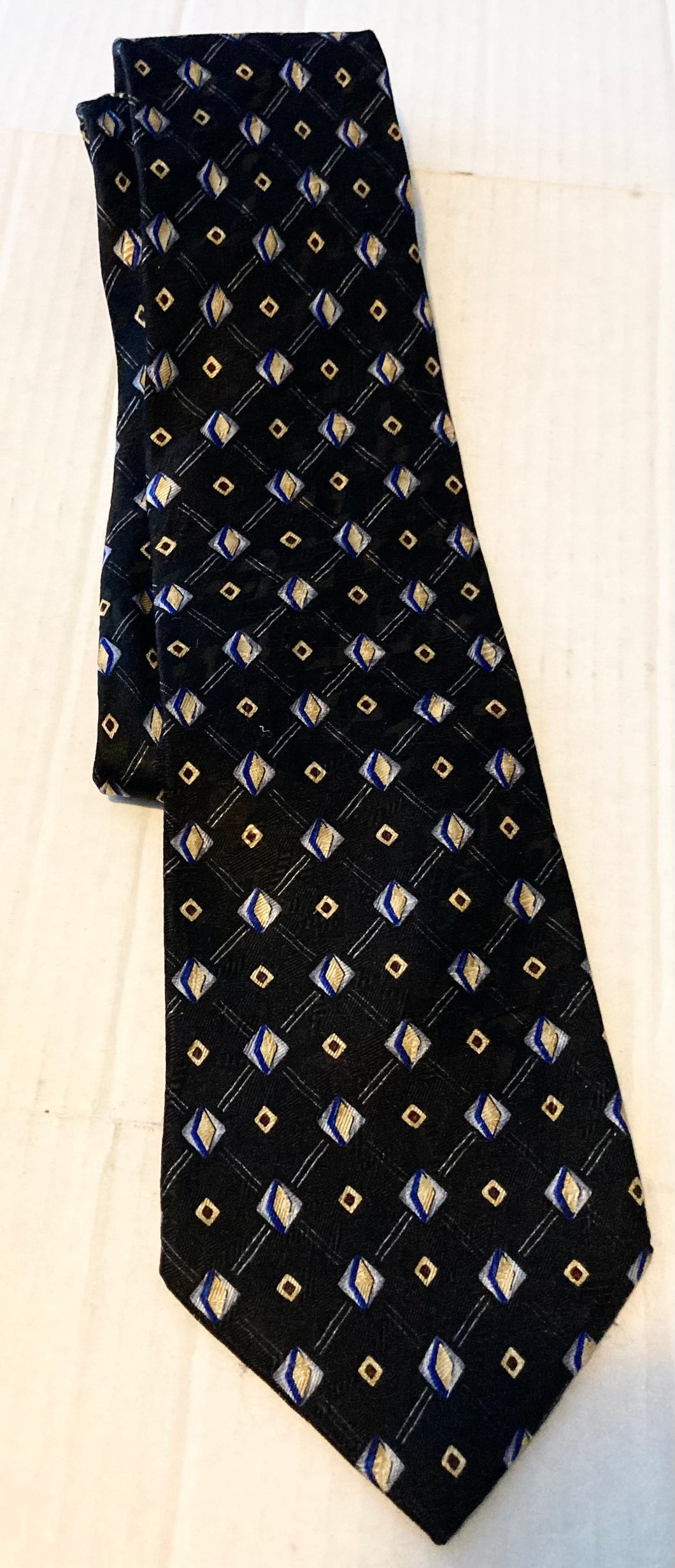 Preswick & Moore Men's Vintage Silk Necktie Black with Gold Geometric Patterns