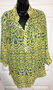 Xtaren Vintage Women's Neon Yellow with Blue Geomeyric Prints Tunic Size Large